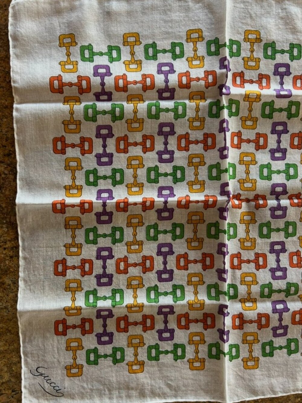 Vintage Gucci Rainbow Horsebit Chain Pattern Cotton Scarf Handkerchief - Picture 3 of 7